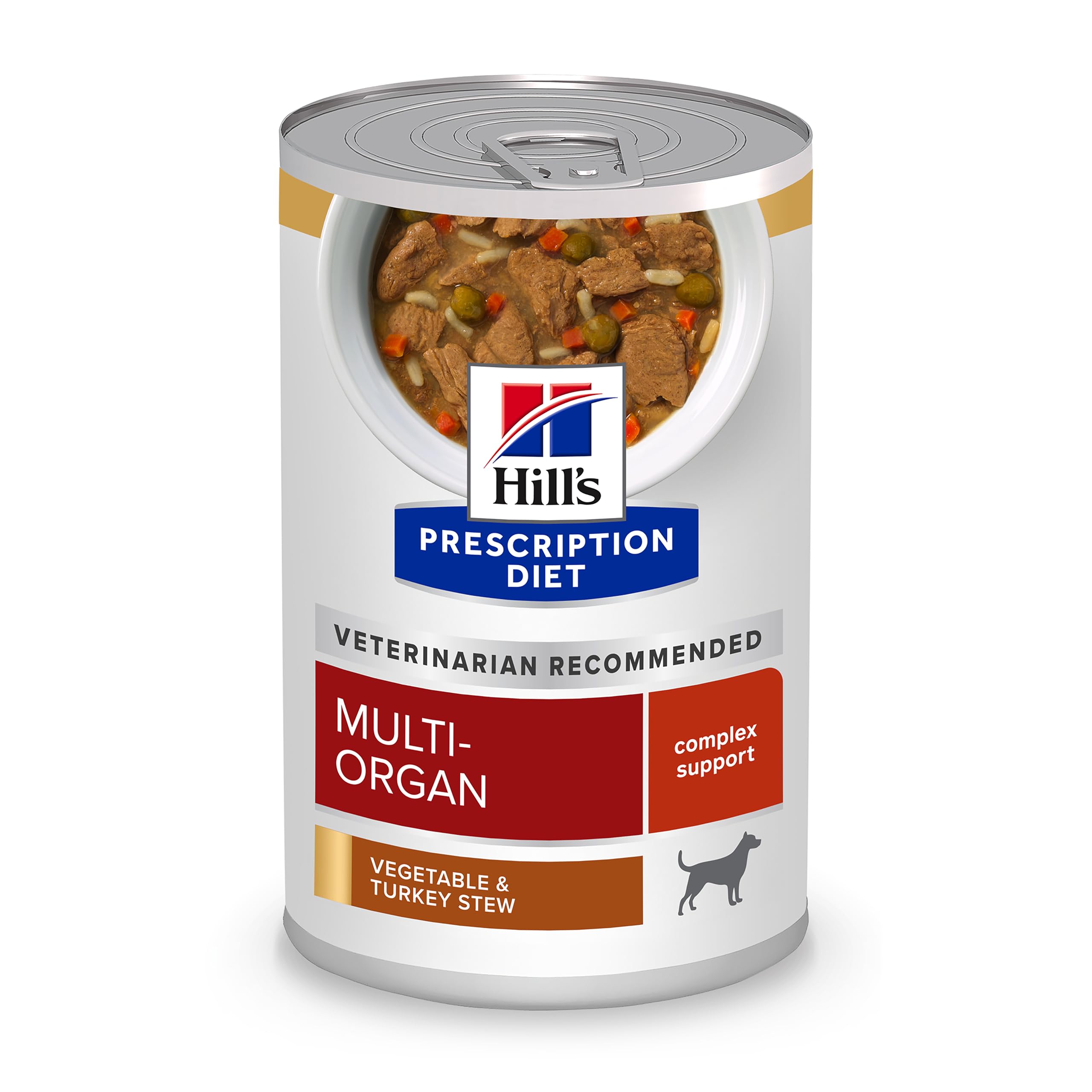 Hill's Prescription Diet Multi-Organ turkey-vegetable stew in a dog food bowl, supports organ-friendly meals.