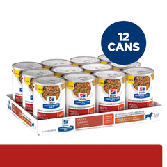Hill's Prescription Diet Multi-Organ wet dog food can close-up, featuring turkey-vegetable stew for targeted nourishment.