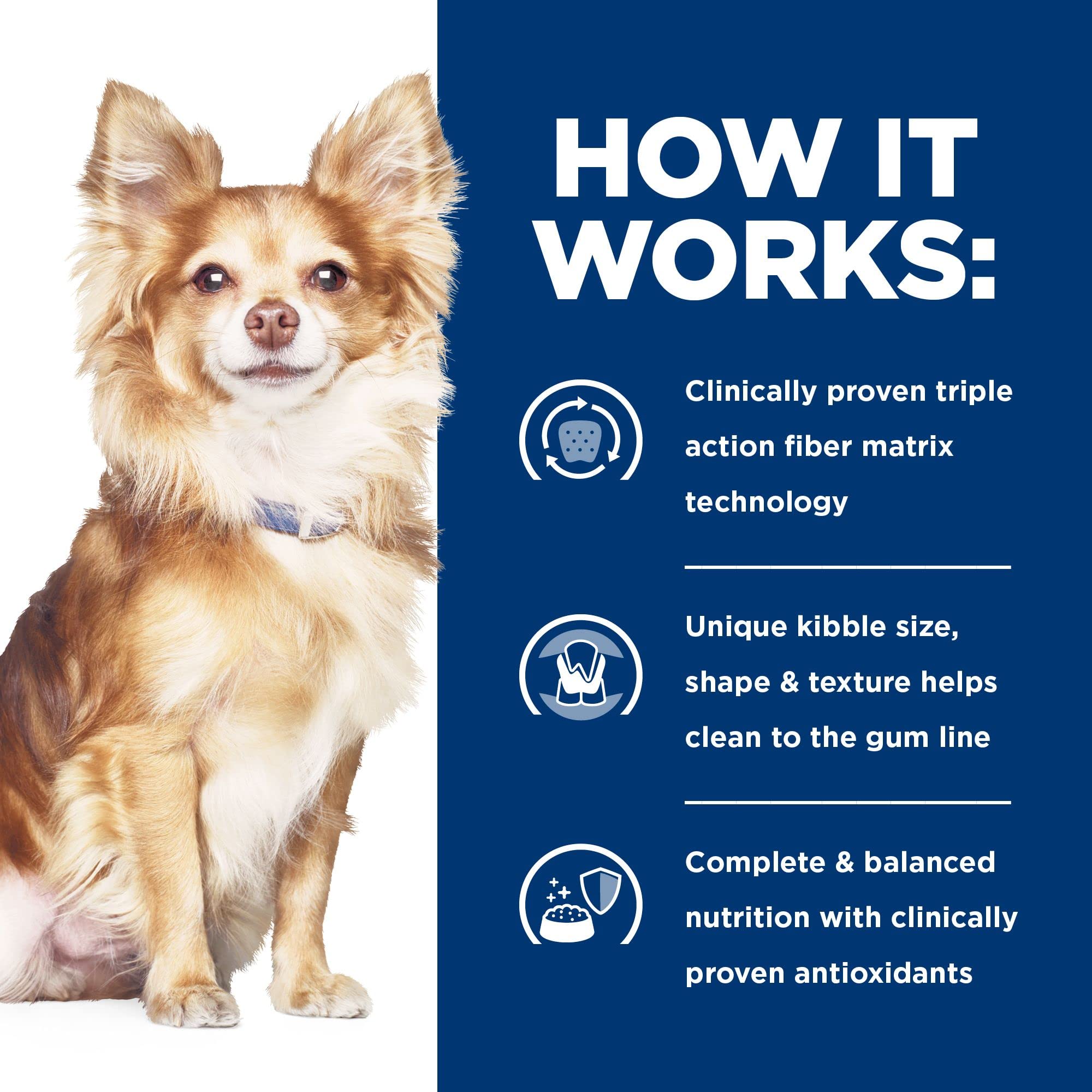 Triple action fiber matrix concept visual for dental cleaning in Hill's t/d
