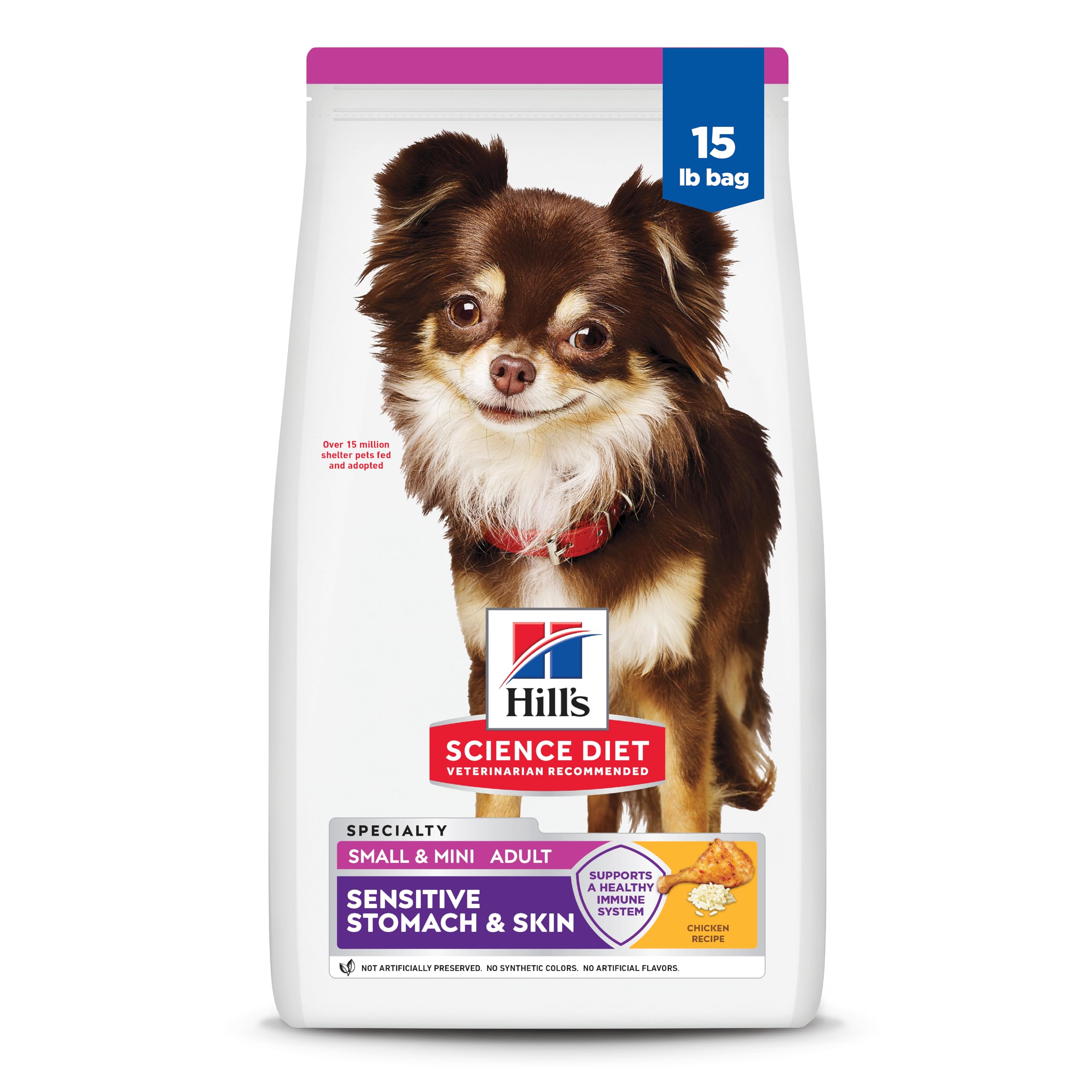 Hill's Science Diet Adult Sensitive Stomach & Skin Small & Mini Chicken Dry Dog Food bag promotes balanced nutrition.