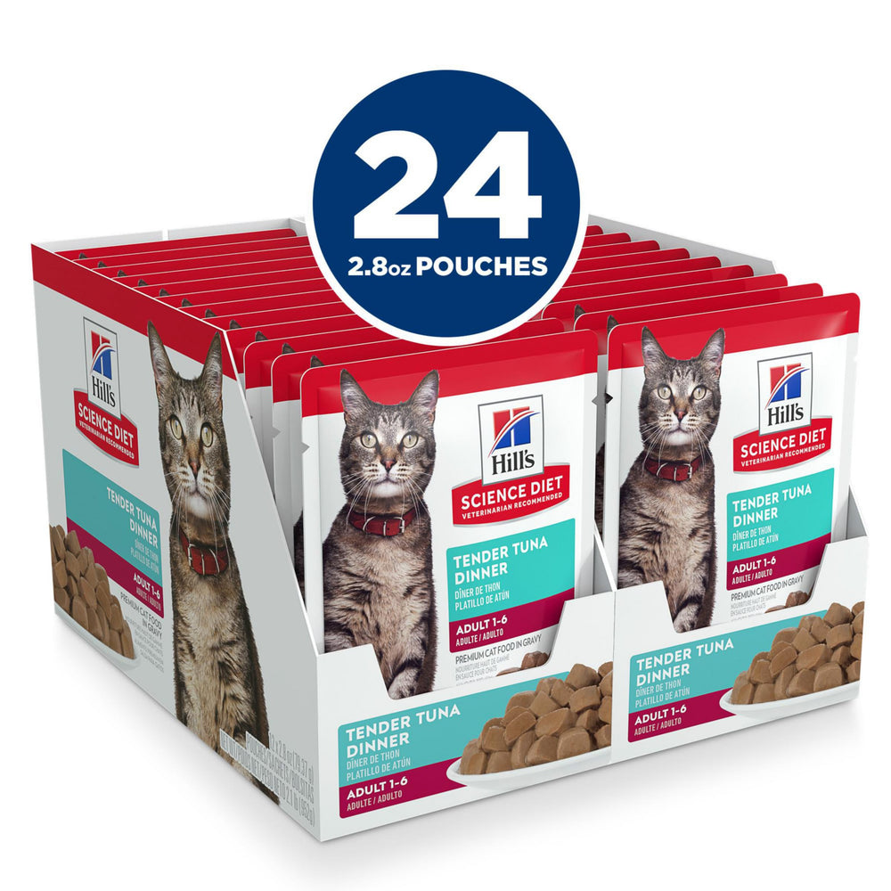 Hill's Science Diet tuna dinner pouch — savory tuna in gravy for adult cats.