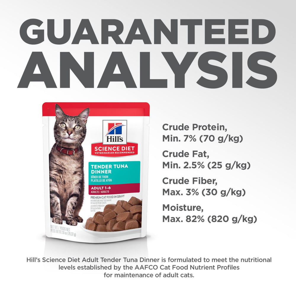 Hill's Science Diet tuna dinner pouch — convenient, open-and-serve cat food.