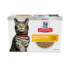 Hill's Science Diet 12-can pack demonstrates convenient wet cat food feeding for urinary hairball care.