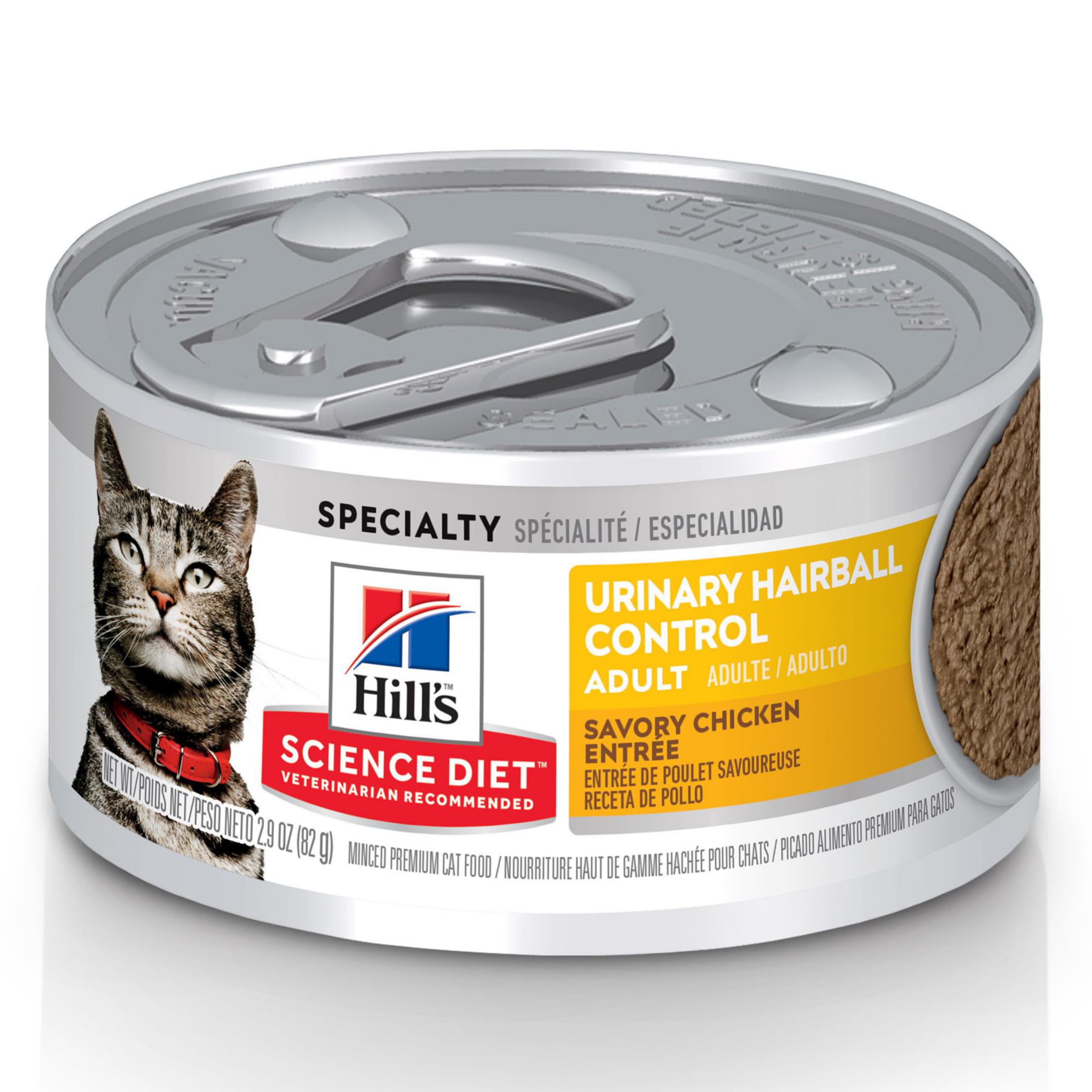 Hill's Science Diet adult urinary hairball care packaging shows balanced minerals for urinary health.