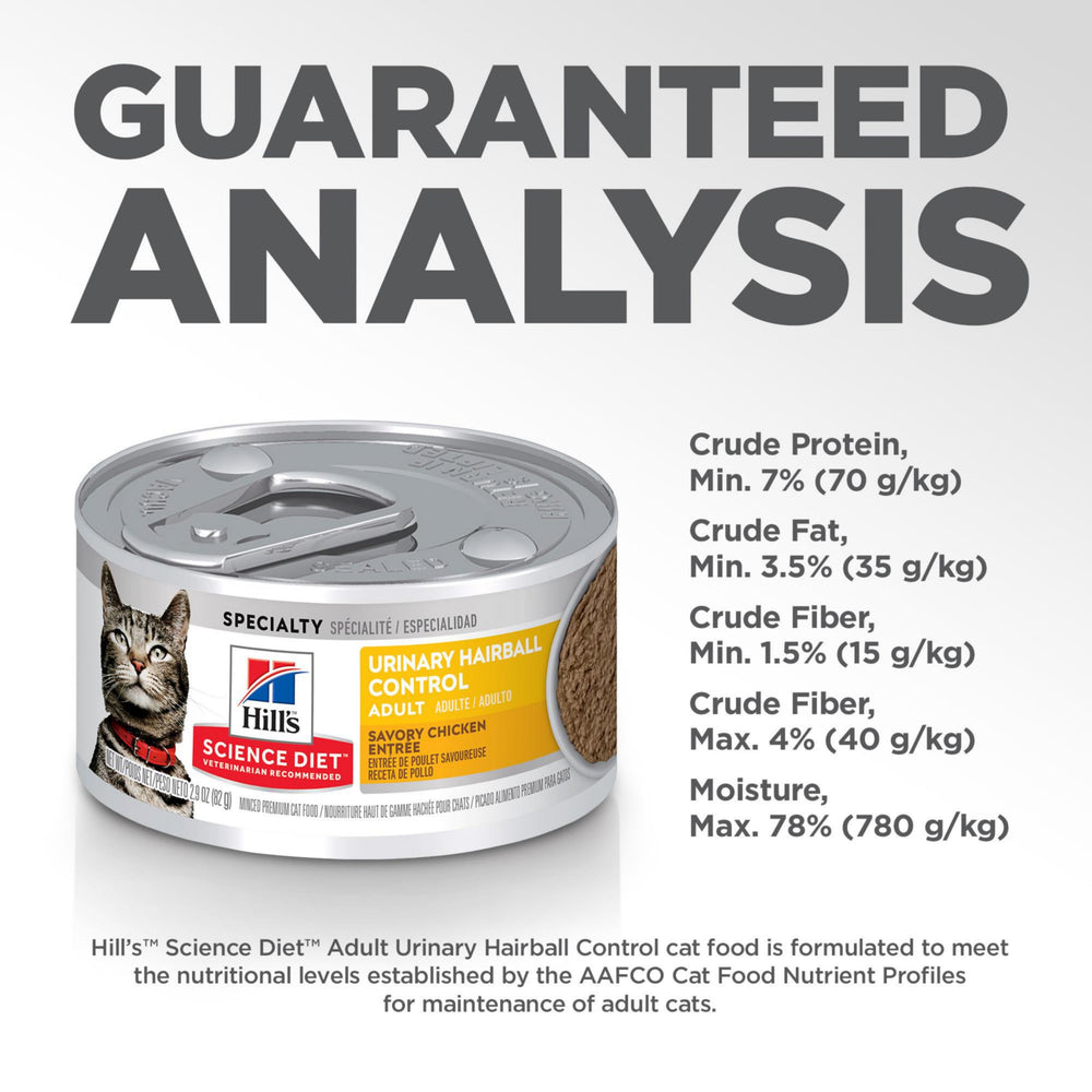 Hill's Science Diet nutrition label highlights ingredients and benefits for urinary and hairball care.