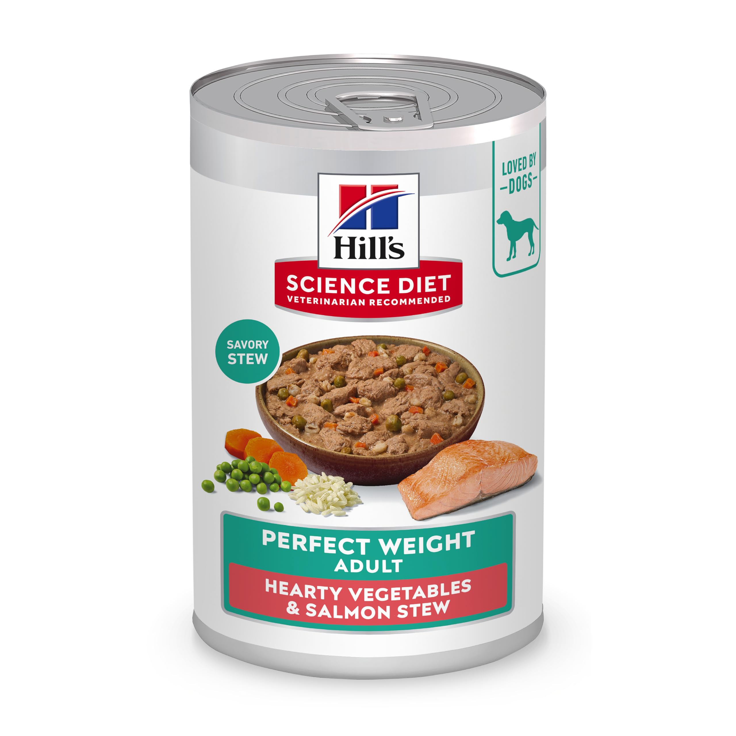 Hill's Science Diet Adult Perfect Weight can opening shows salmon stew for weight management