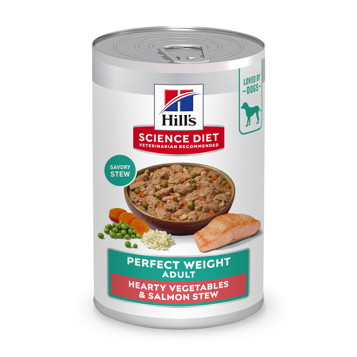Hill's Science Diet Adult Perfect Weight can opening shows salmon stew for weight management