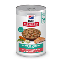 Hill's Science Diet Adult Perfect Weight can opening shows salmon stew for weight management