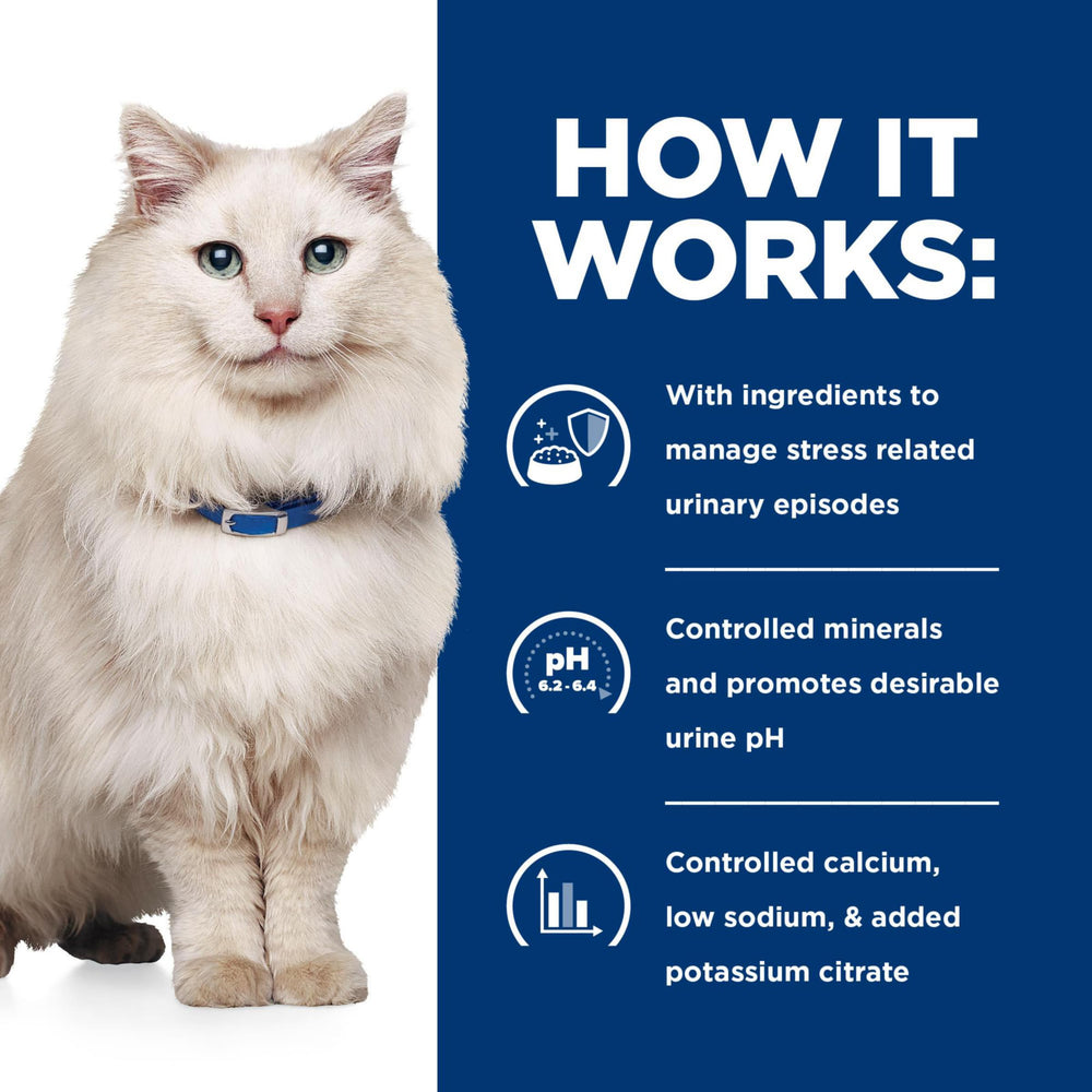Mineral balance graphic on Hill's c/d Multicare Stress packaging emphasizing magnesium/calcium/phosphorus.