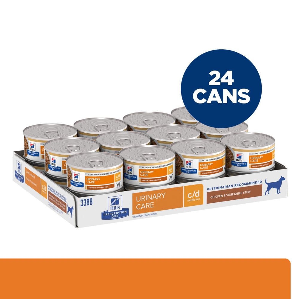 Hill's c/d Multicare urinary stew can, visible chicken and vegetables for appetizing meal.