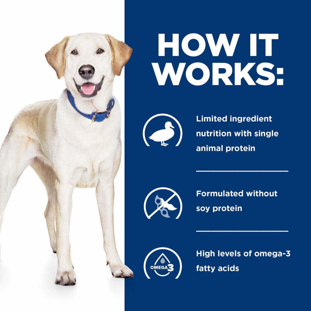 Vet-recommended Hill's d/d packaging on the bag for veterinary guidance.