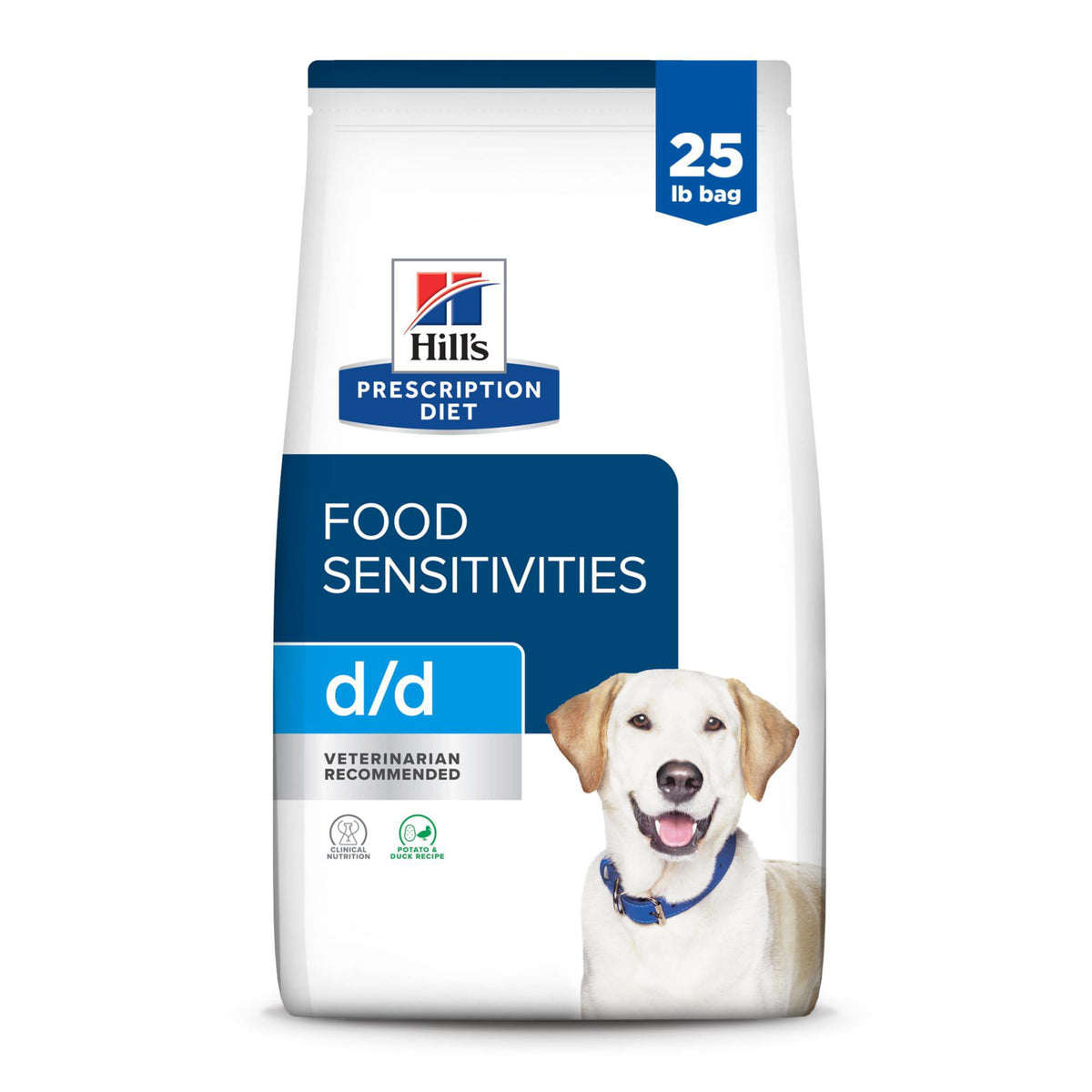 Hill's Prescription Diet d/d potato & duck dry dog food bag supports dogs with sensitivities.