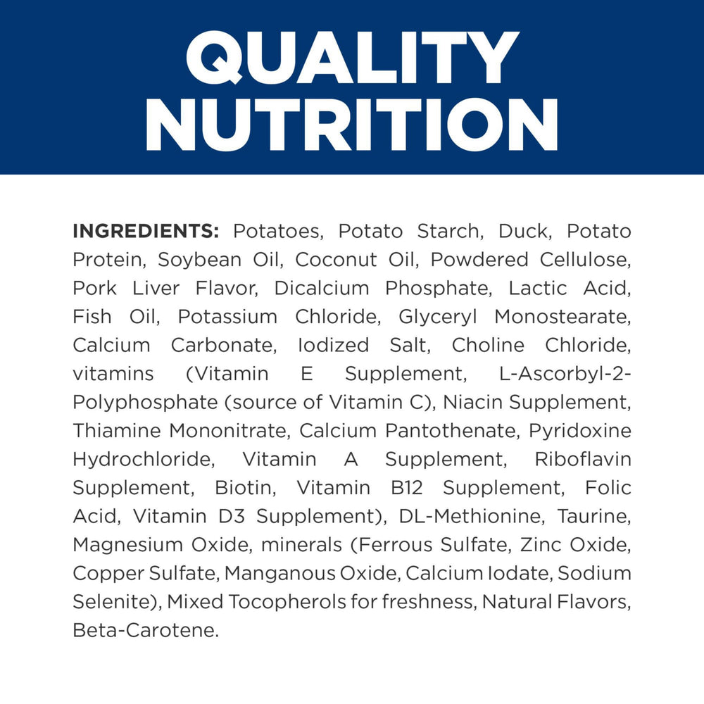 Hill's Prescription Diet d/d serving bowl showing palatable, protein-focused dinner for dogs