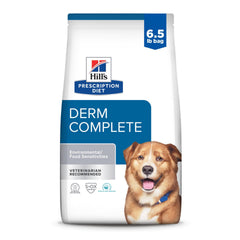 Hill's Prescription Diet Derm Complete dry dog food bag highlighting sensitive-skin nutrition