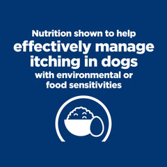 Hill's Prescription Diet Derm Complete rice and egg ingredient formula for sensitive dogs.