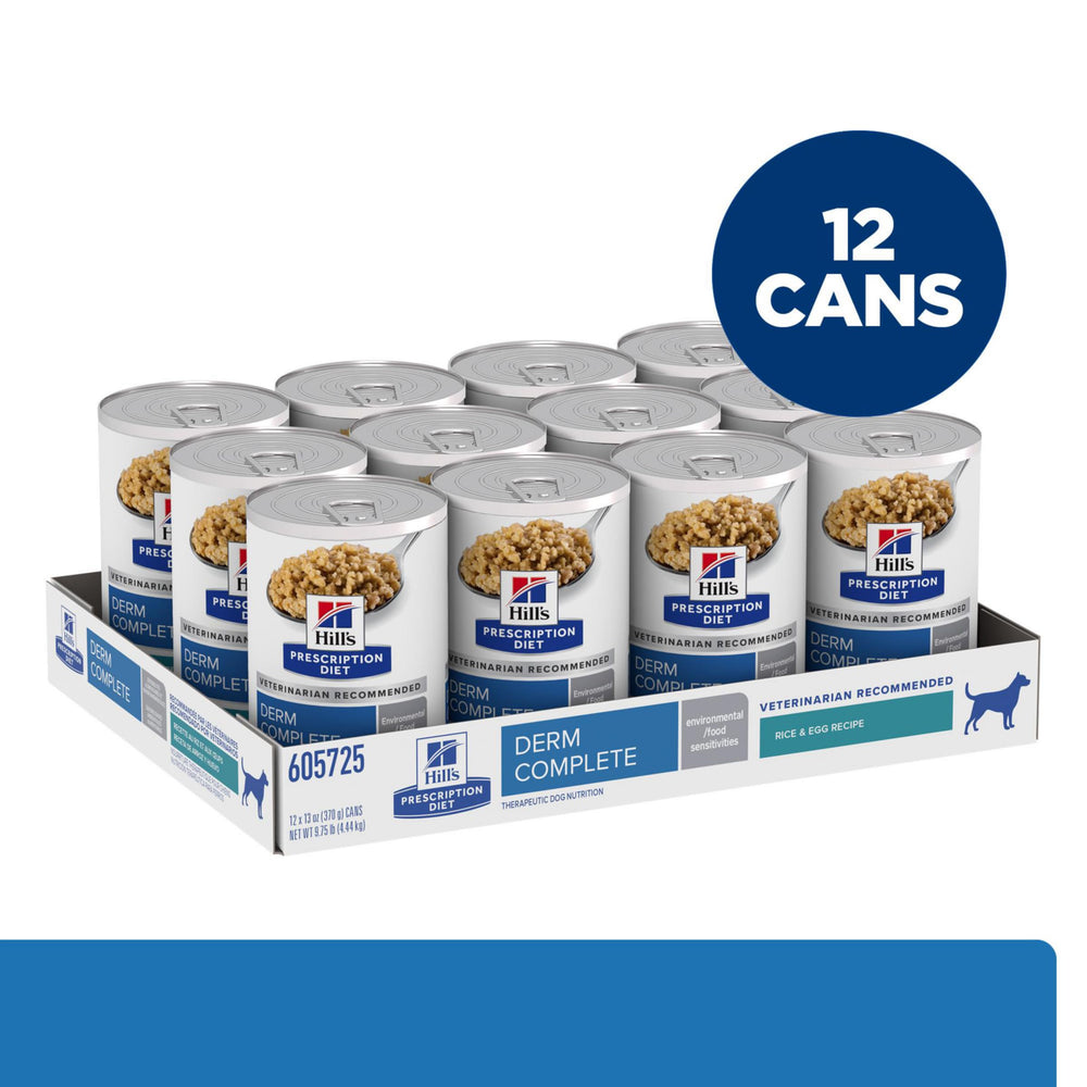 Hill's Prescription Diet Derm Complete wet dog food bowl with rice and egg.