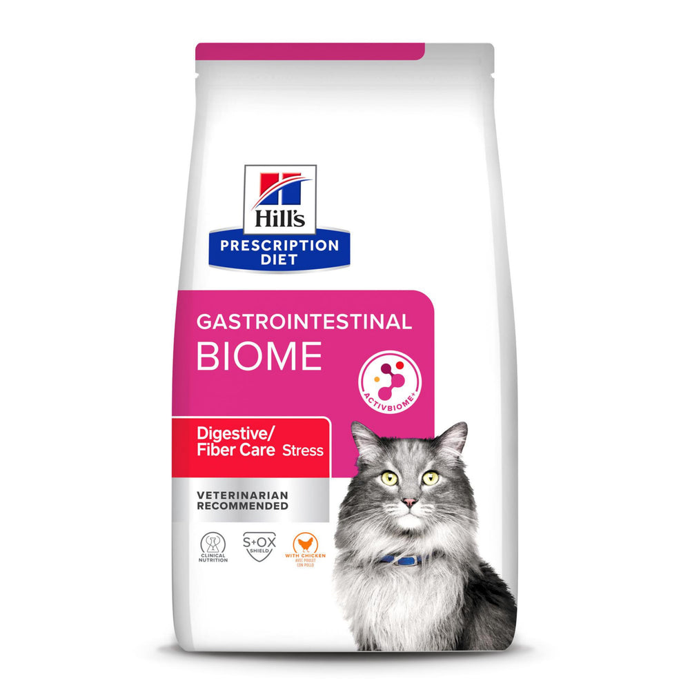 Hill's Prescription Diet GI Biome Stress cat food bag front view highlights high-fiber formula for digestive balance