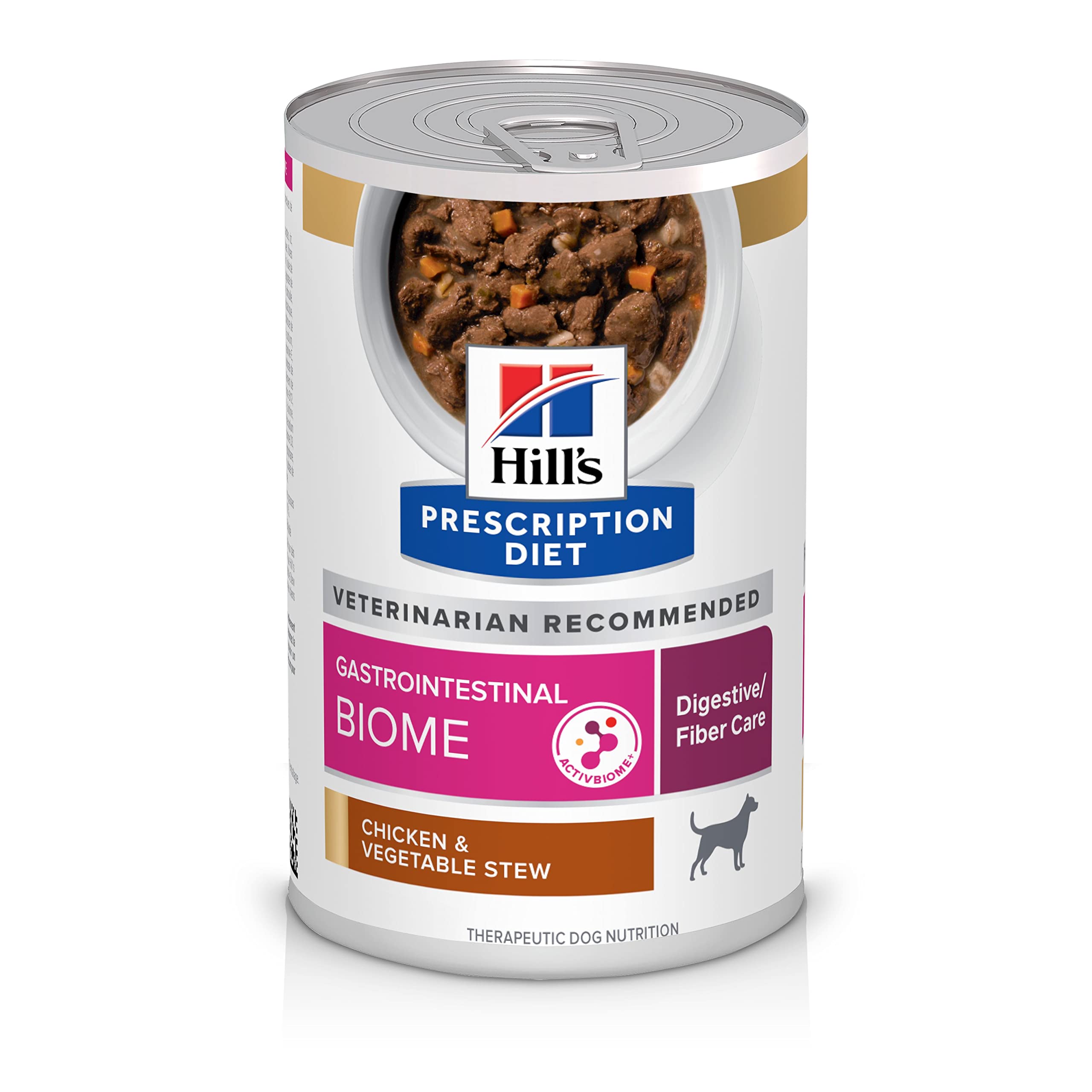 Hill's Gastrointestinal Biome wet dog food can with chicken and vegetables supports digestive comfort.