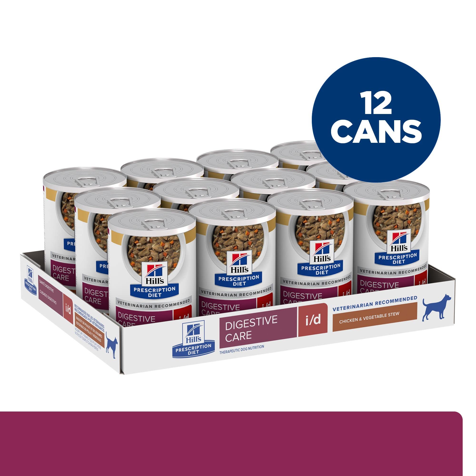 Hill's Prescription Diet i/d wet dog food can close-up showing chicken chunks in stew
