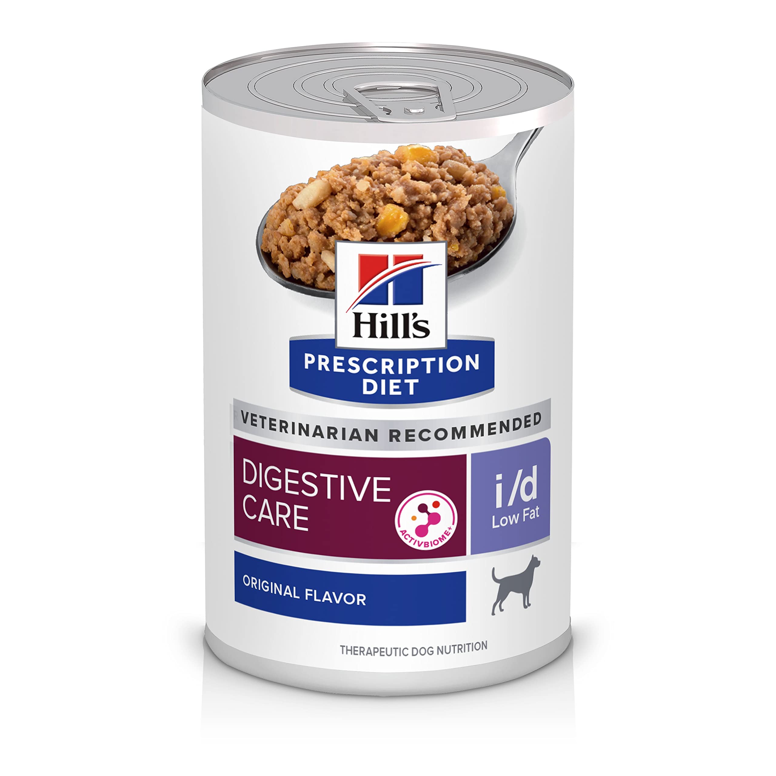 Hill's Prescription Diet i/d Low Fat wet dog food chicken can, close-up showing digestion support