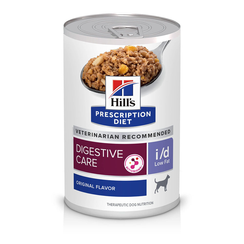 Hill's Prescription Diet i/d Low Fat wet dog food chicken can, close-up showing digestion support