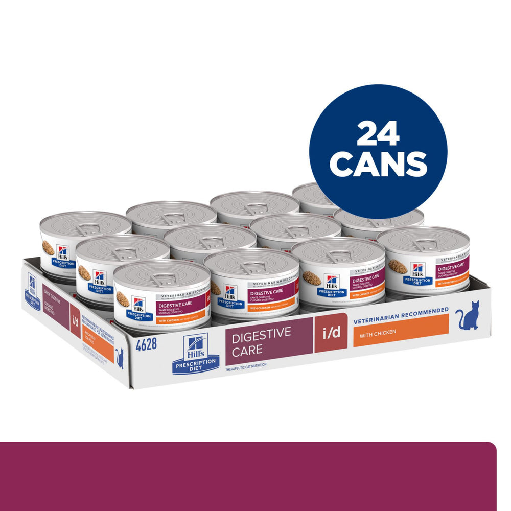 Side-by-side cans of Hill's i/d wet cat food, convenient daily digestive care portions.