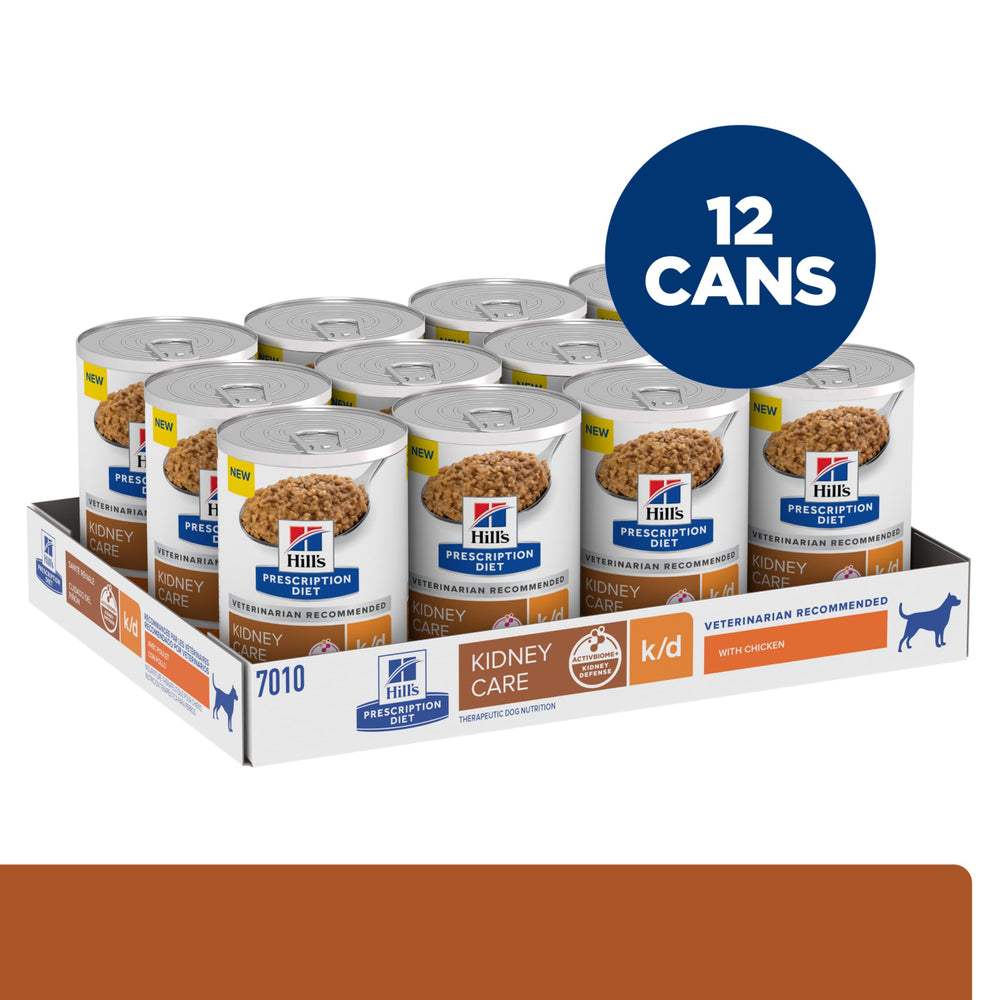 Hill's k/d chicken can label highlighting ActivBiome+ and veterinary nutrition