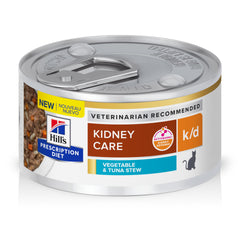 Hill's Prescription Diet k/d Kidney Care Vegetable & Tuna Stew can with chunks in gravy boosts kidney-friendly nutrition.