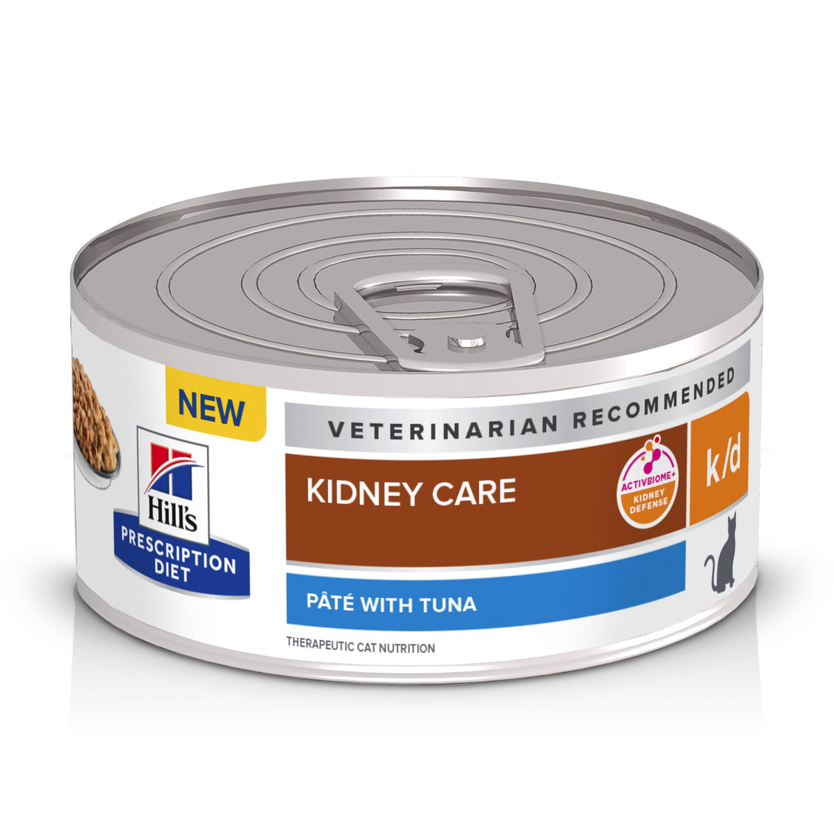 Hill's Prescription Diet k/d tuna wet cat food cans show a kidney-friendly daily meals option.