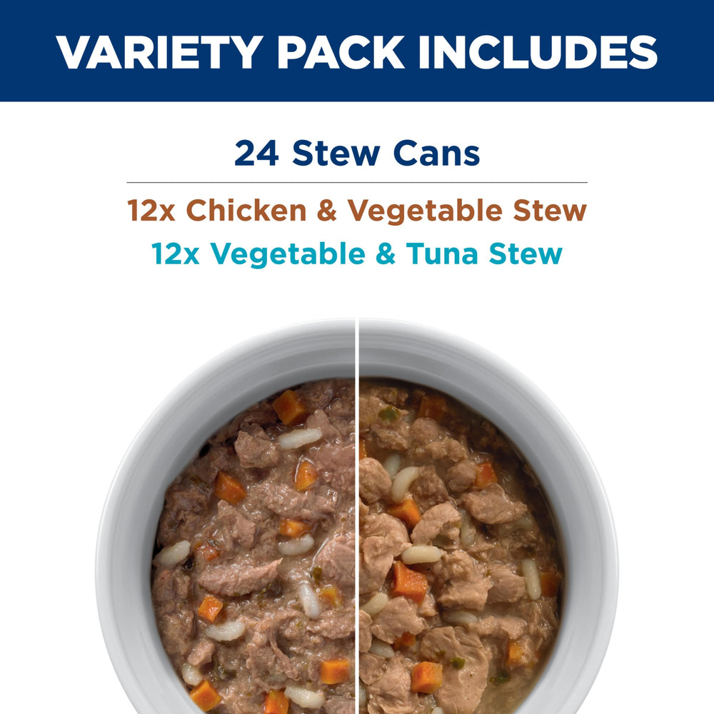 Hill's Prescription Diet k/d vegetable tuna stew can shows variety for picky eaters