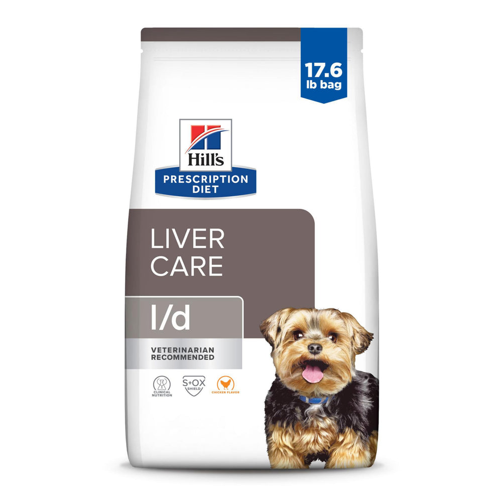 Hill's l/d liver care chicken dry dog food bag supports liver health.