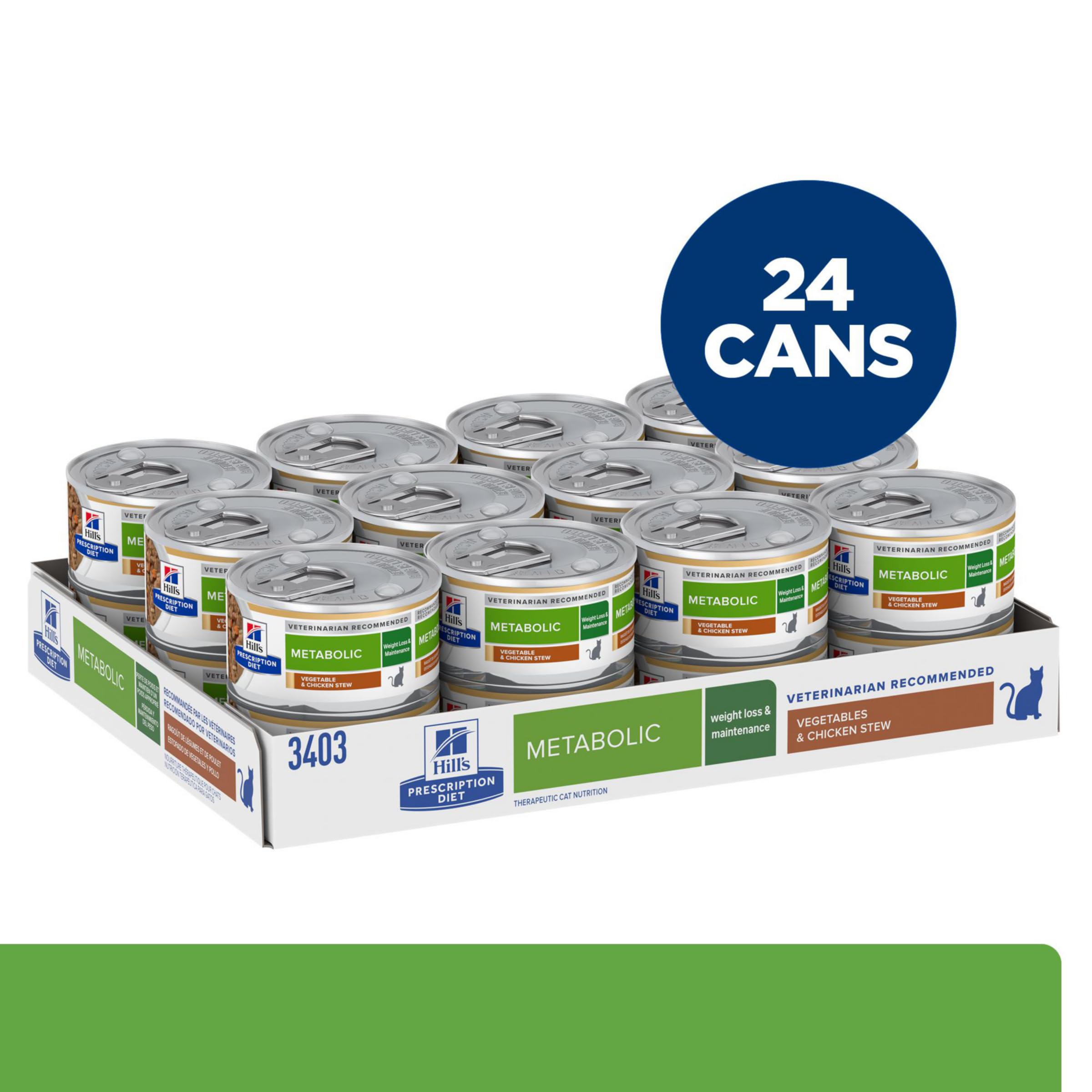 Hill's Prescription Diet Metabolic cat food in gravy with vegetables and chicken supports active weight management.