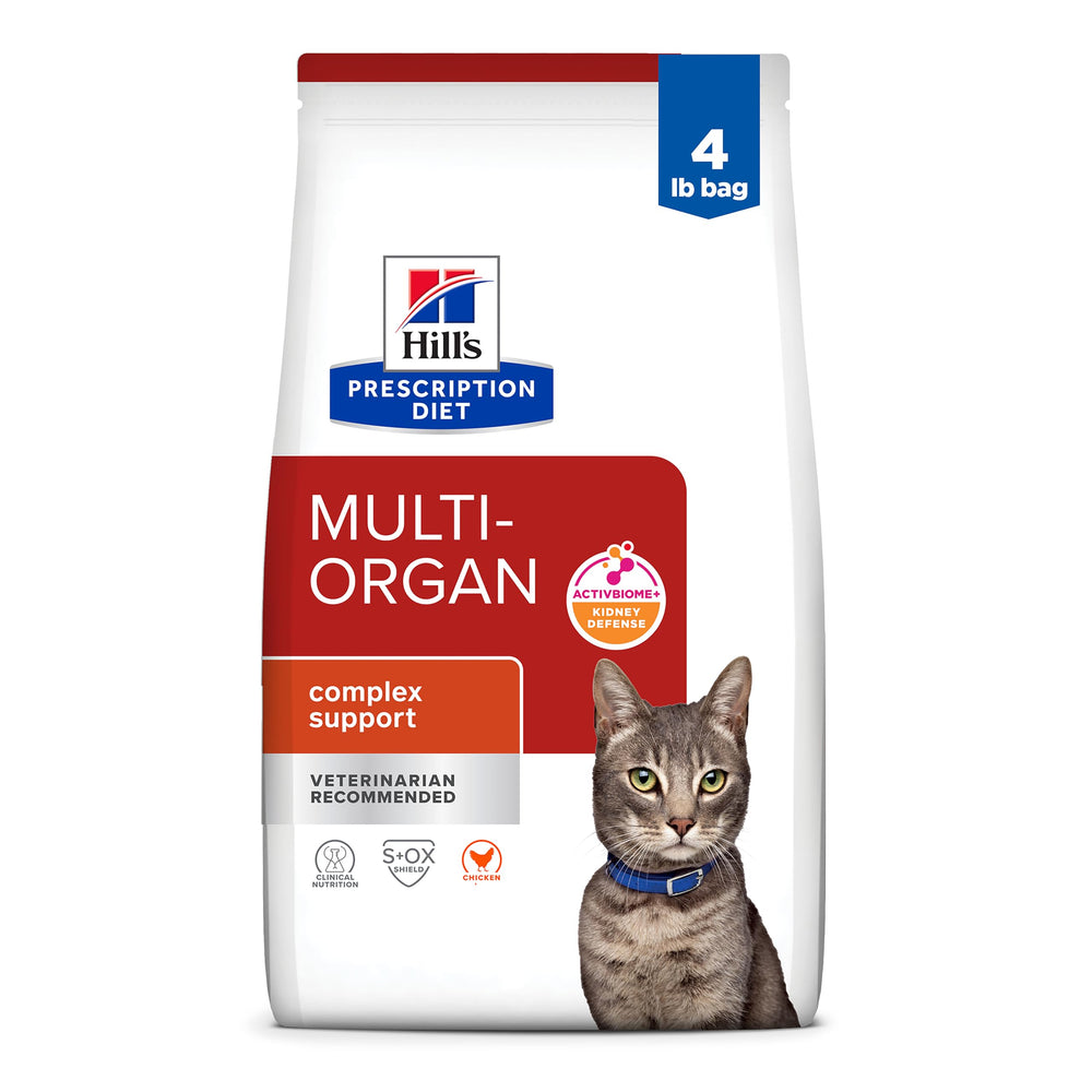 Hill's Prescription Diet Multi-Organ chicken dry cat food bag highlighting organ support