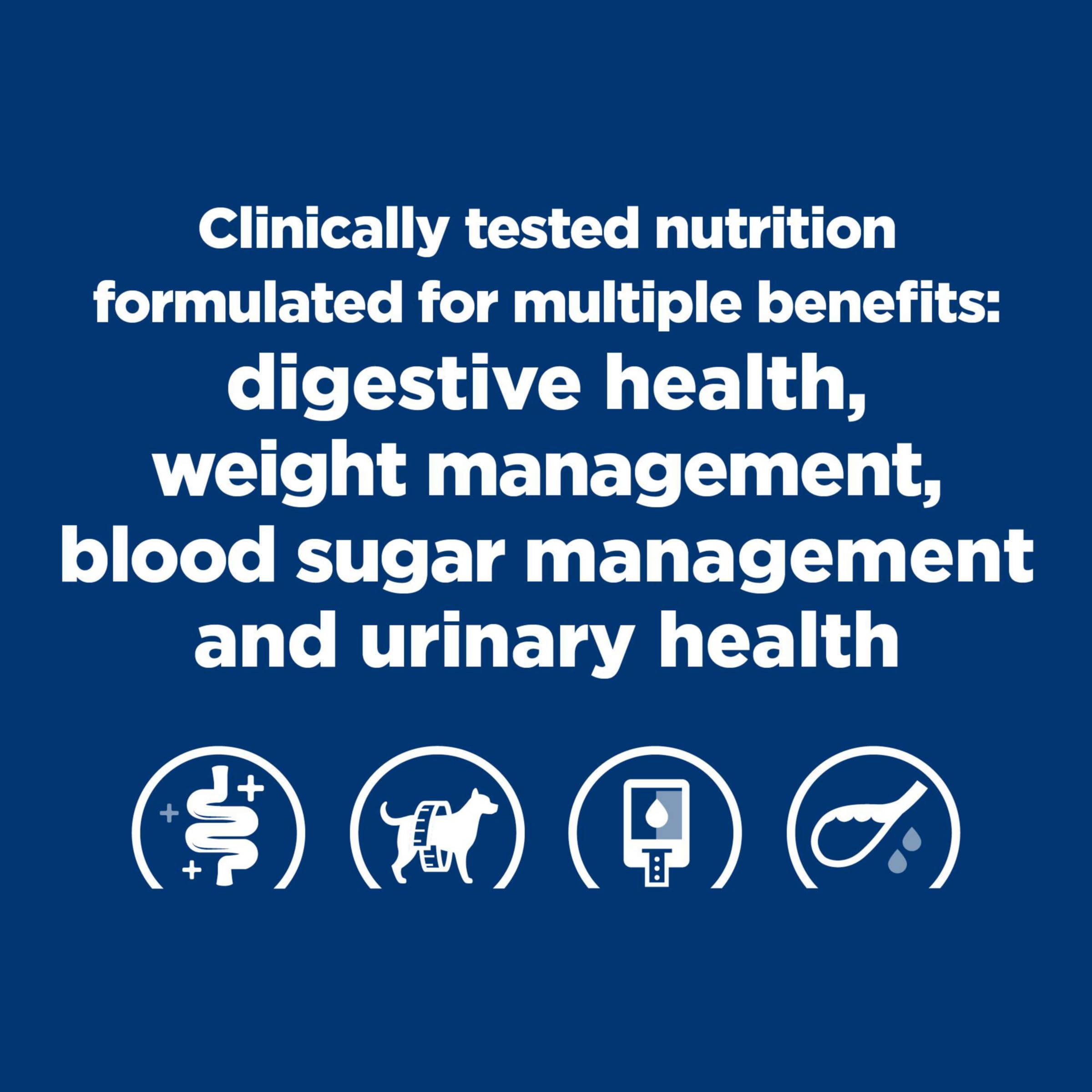 Hill's Prescription Diet w/d multi-benefit cans on a shelf emphasizes the multi-benefit formula