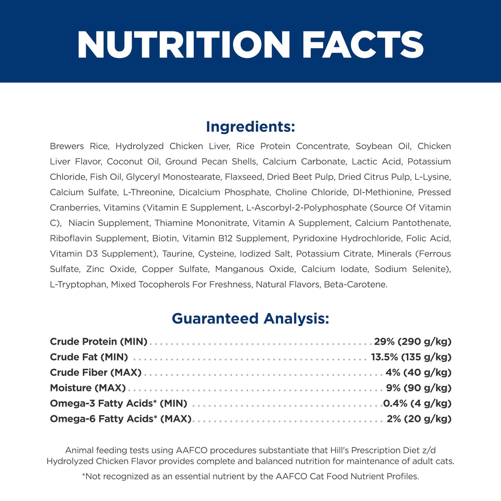 Open bag and scooped portions illustrate convenient daily feeding with Hill's z/d.