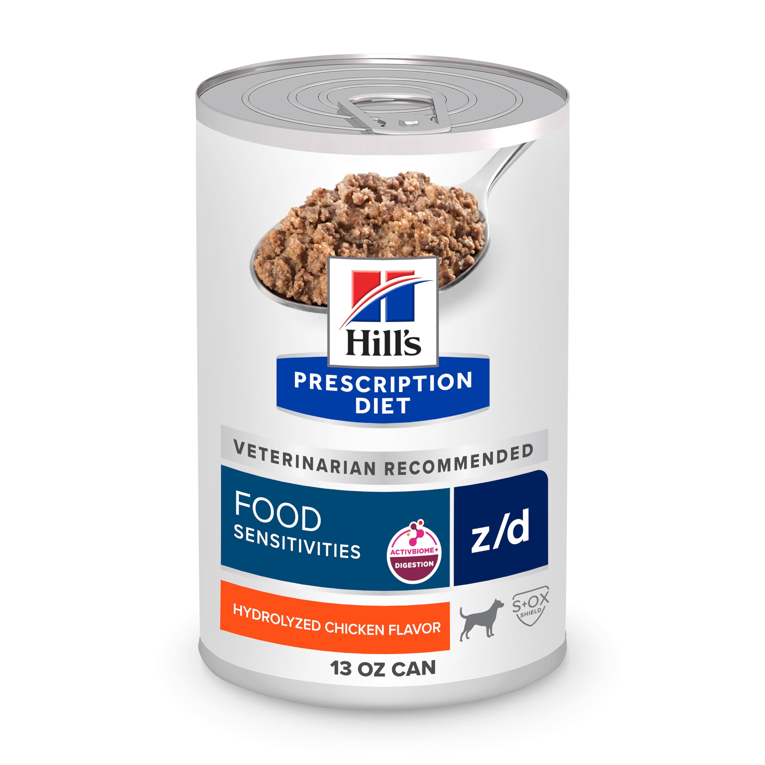Hill's Prescription Diet z/d wet dog food can packaging showing a 13 oz serving for sensitive dogs