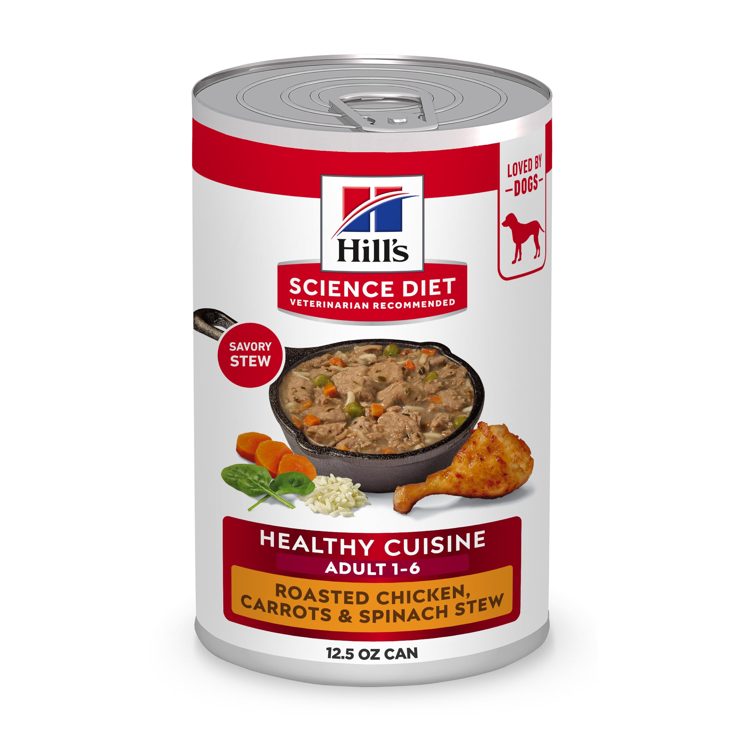 Hill's Science Diet Adult Healthy Cuisine Roasted Chicken Stew cans highlight premium protein for lean muscle support.