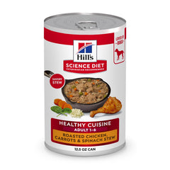 Hill's Science Diet Adult Healthy Cuisine Roasted Chicken Stew cans highlight premium protein for lean muscle support.