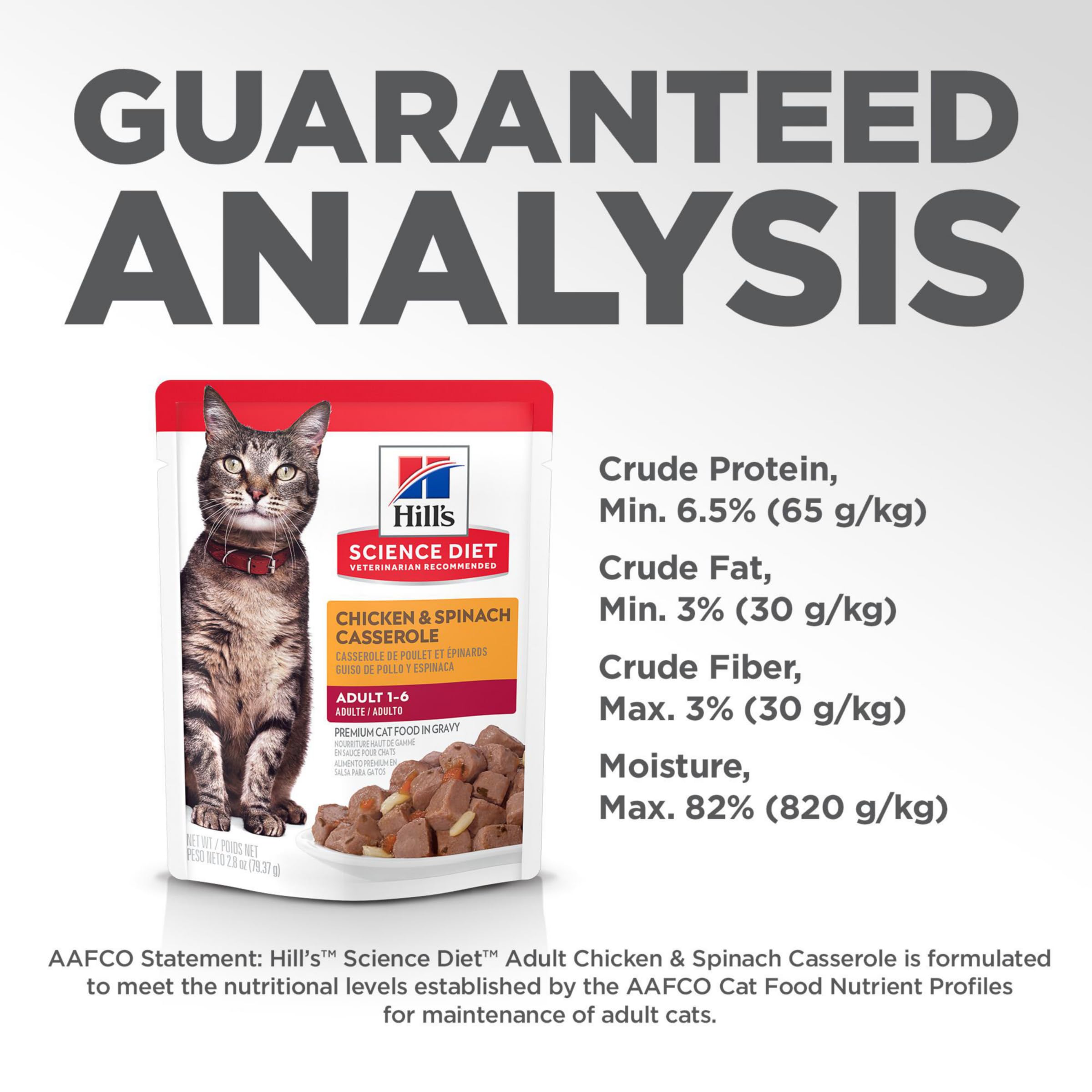 Hill's Science Diet chicken-spinach pouch served as a simple meal idea for cats