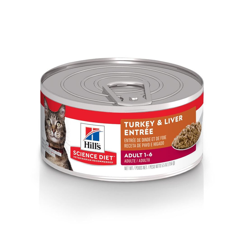 Hill's Science Diet Adult 1-6 turkey-liver entree cans for lean muscle.
