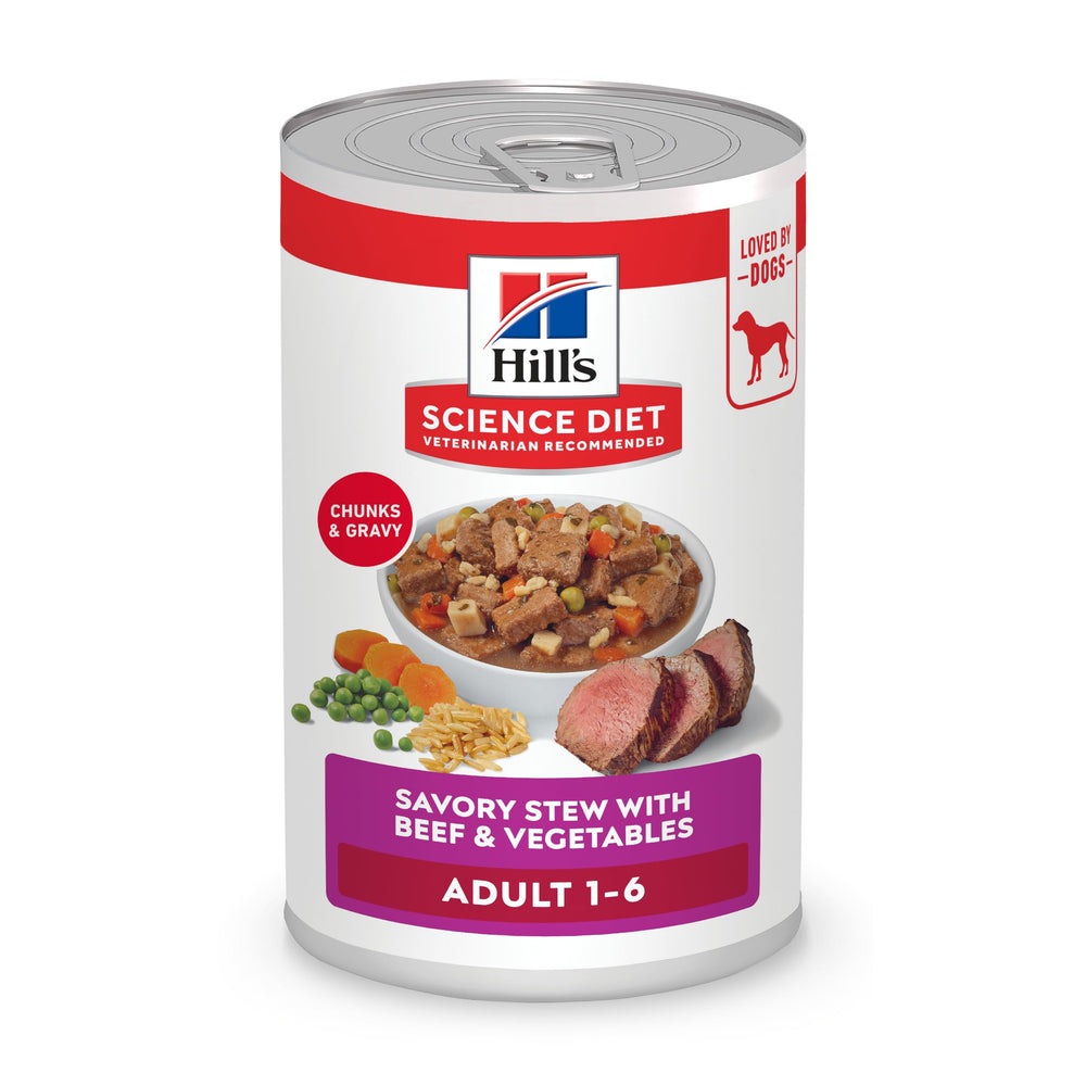 Hill's Science Diet Adult 1-6 Beef & Vegetables can-front, supporting lean muscles with complete nutrition.