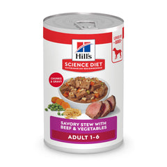 Hill's Science Diet Adult 1-6 Beef & Vegetables can-front, supporting lean muscles with complete nutrition.