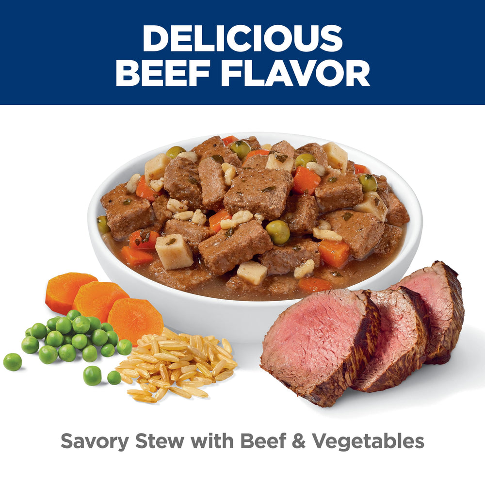 Hill's Science Diet Adult 1-6 Beef & Vegetables gravy close-up, appealing texture for mealtime.