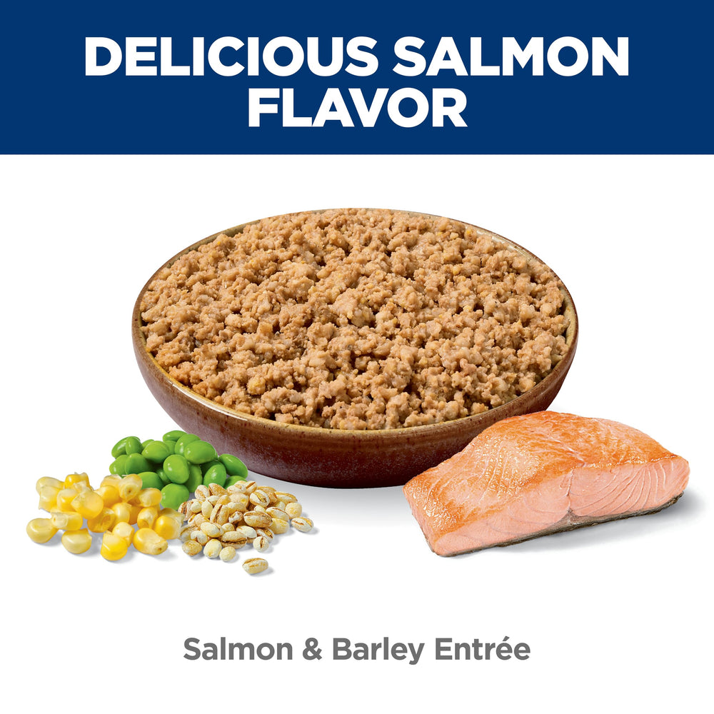 Close-up of Hill's Science Diet Salmon & Barley texture in a bowl for easy digestion.
