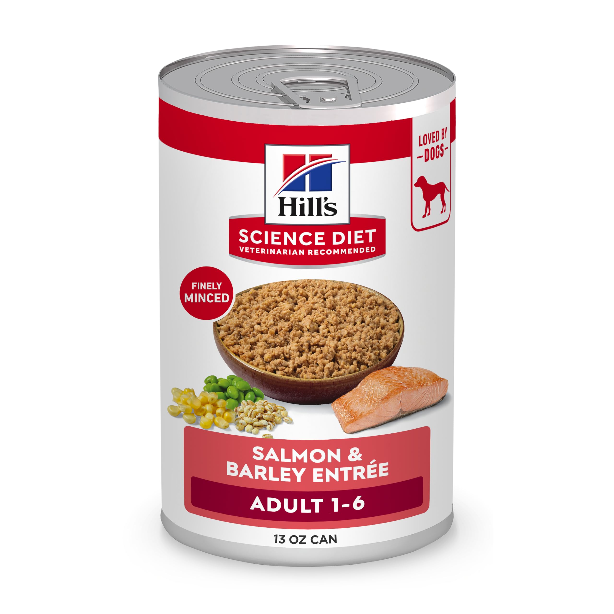 Hill's Science Diet Adult 1-6 Salmon & Barley cans in a 12-pack for adult dogs.
