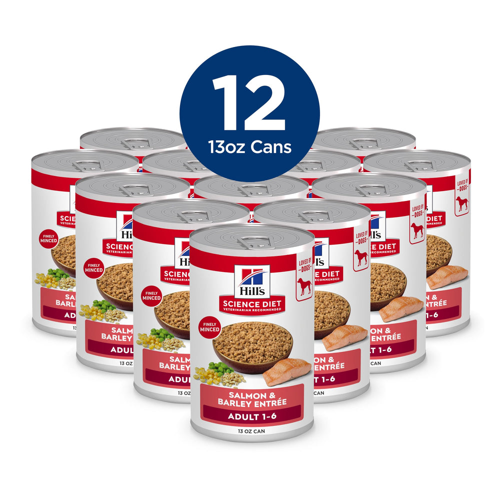 Serving Hill's Science Diet Adult 1-6 Salmon & Barley from a can for meals.