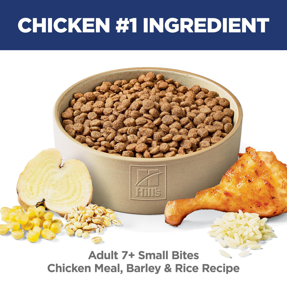 Hill's Science Diet Adult 7+ Small Bites kibble close-up shows balanced minerals for heart and kidneys.
