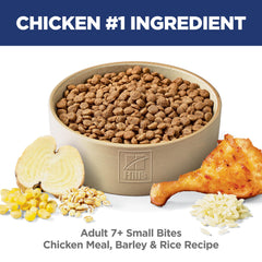 Hill's Science Diet Adult 7+ Small Bites kibble close-up shows balanced minerals for heart and kidneys.