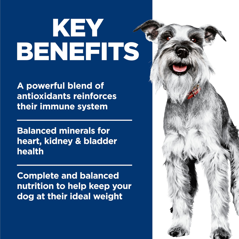 Hill's Science Diet Adult 7+ label close-up shows chicken and barley for lean muscle.