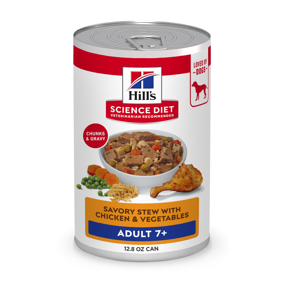 Hill's Science Diet Adult 7+ Savory Stew can front view with real chicken and vegetables for seniors.